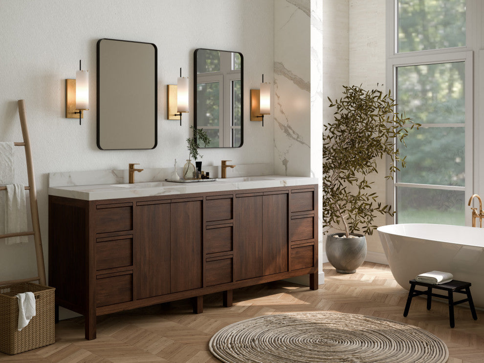 Elizabeth 84 Double Sink Bath Vanity in Dark Walnut Teak 2" Calacatta Laza