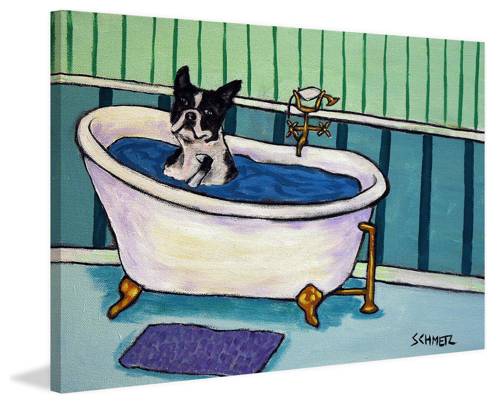 "Boston Terrier Bath" Painting Print on Wrapped Canvas, 36"x24"