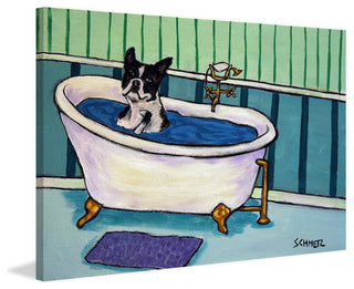 "Boston Terrier Bath" Painting Print on Wrapped Canvas, 36"x24"