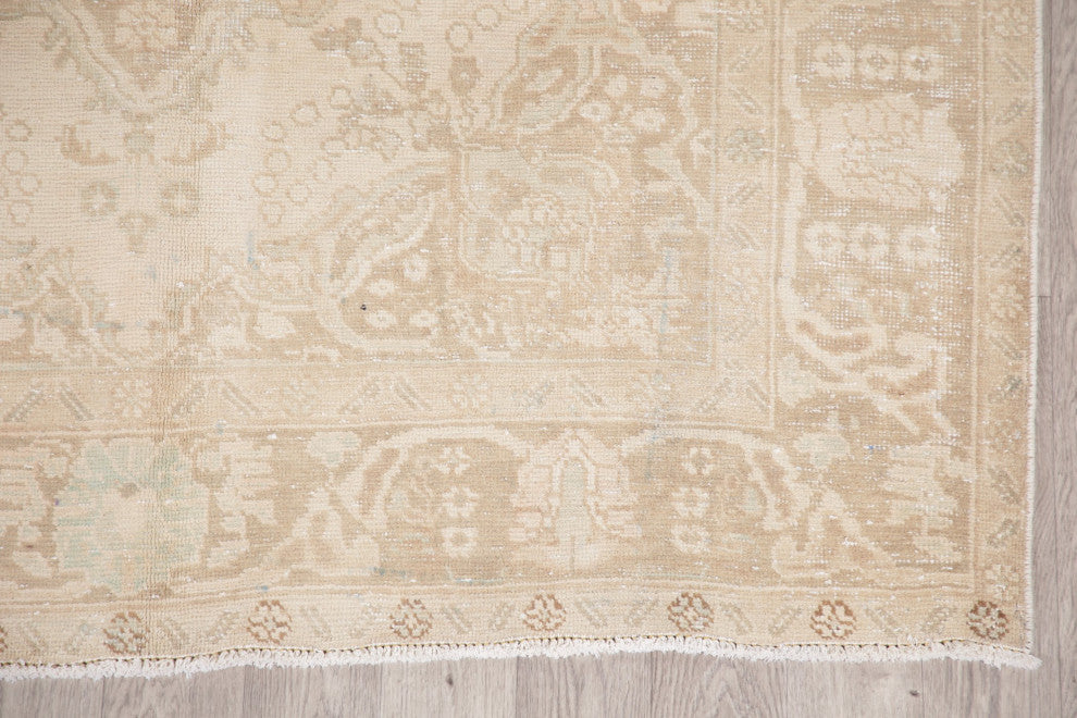 Consigned, Vintage Traditional Handmade Distressed Persian Area Rug, Beige, 6x9