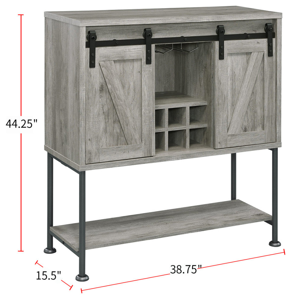 Wood Bar Cabinet with Two Doors, Gray and Gunmetal