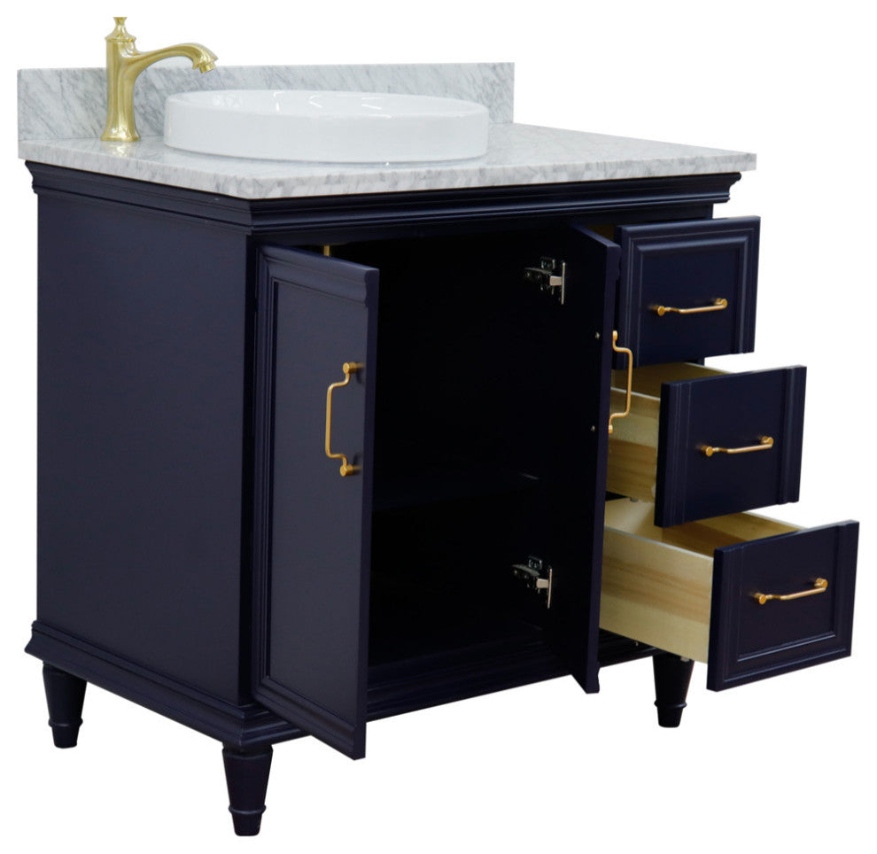 37" Single Vanity, Blue Finish With White Carrara