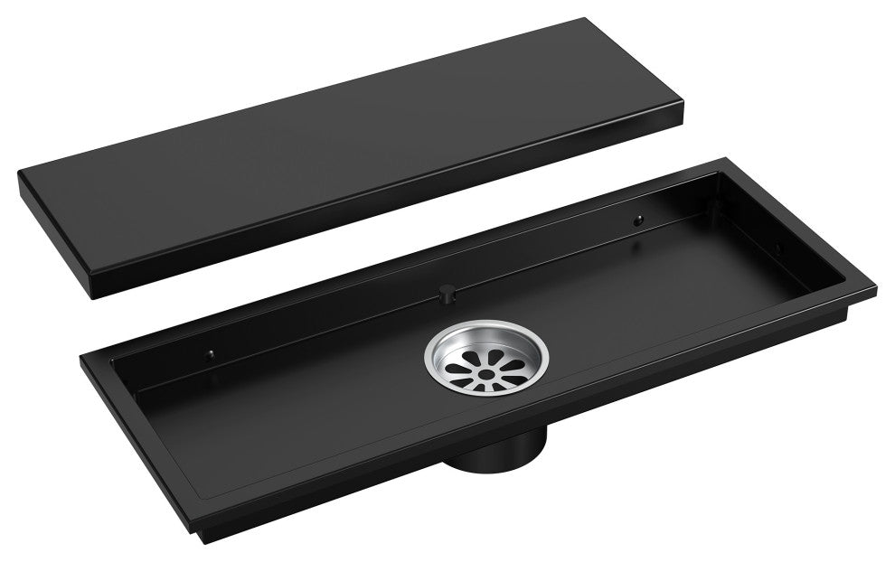 Linear Shower Drain with Hair Strainer and Reversible Tile Insert Cover, Matte Black