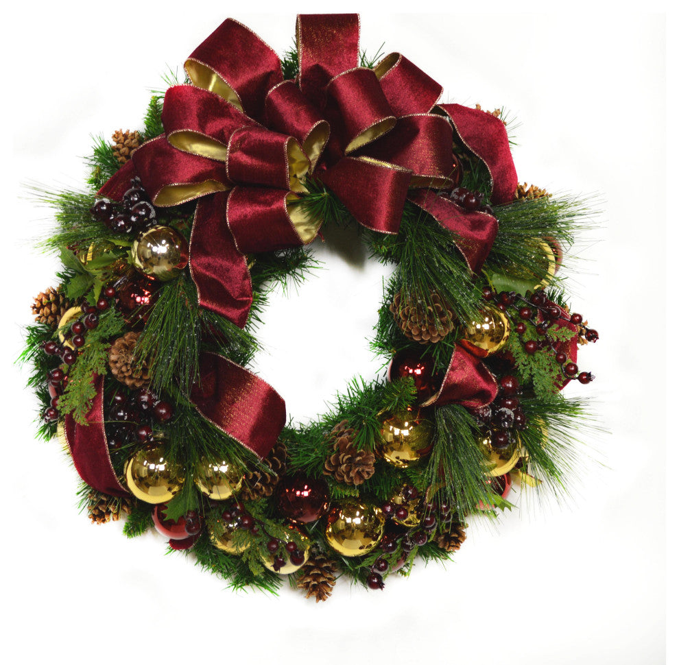 26" Evergreen Wreath with Berries, Pinecones, Ornaments and a Bow, Solid Burgundy and Gold