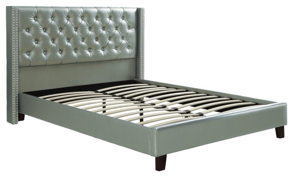 Benzara BM171728 Faux Leather Upholstered Full Size Bed Featuring Nail head Trim