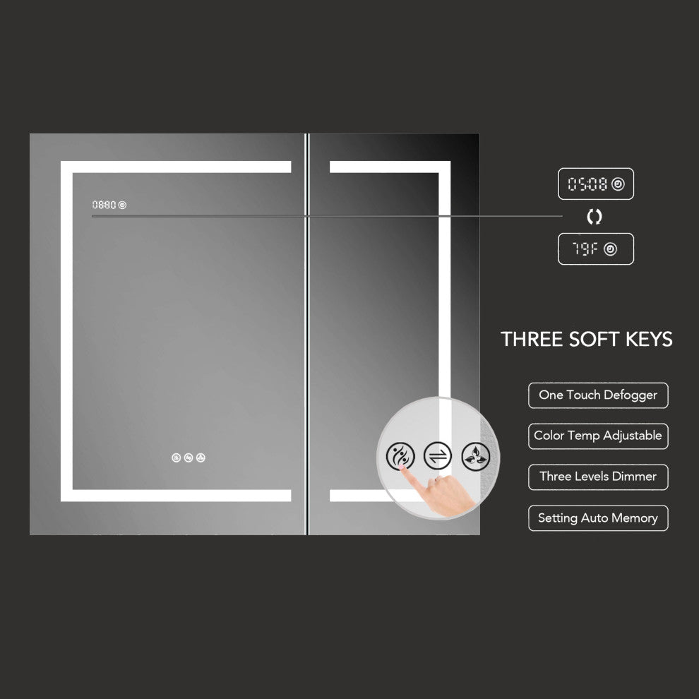 LED Medicine Cabinet With Defog, Dimmer, Makeup Mirror, Outlets, 36x32