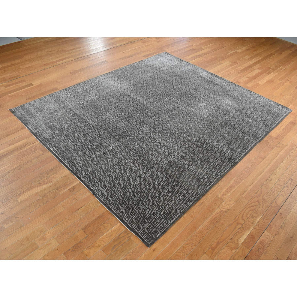 Chocolate Brown, Small Box Design, Wool and Silk, Hand Knotted, Rug, 8'1"x9'9"
