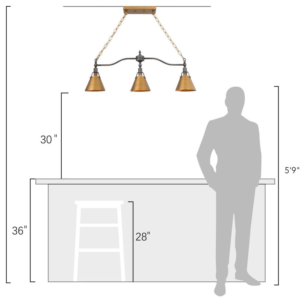 3-Lights Antique Gold and Gray Contemporary LED Kitchen Island Lamp
