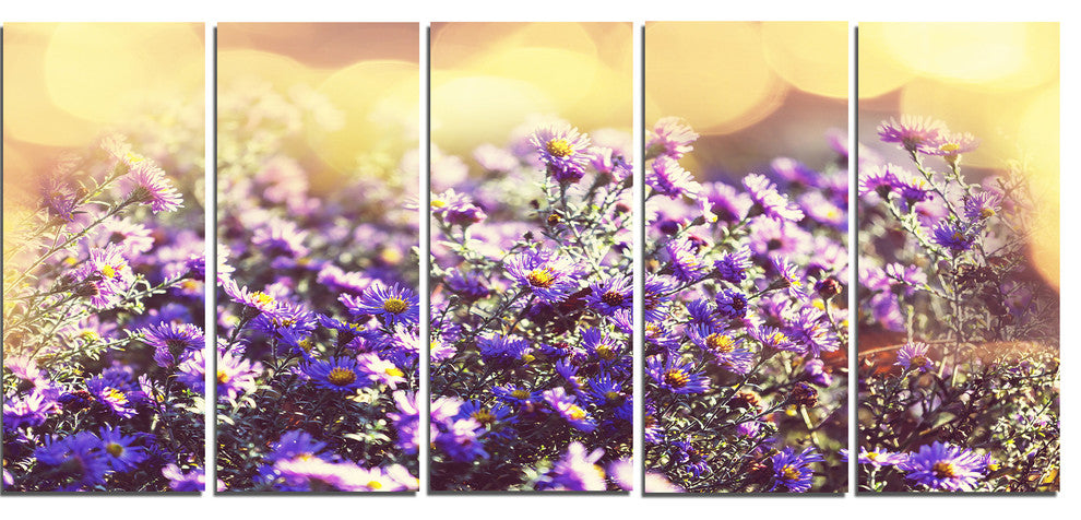 Purple Little Wild Flowers, Floral Canvas Art Print, 60"x28", 5 Panels