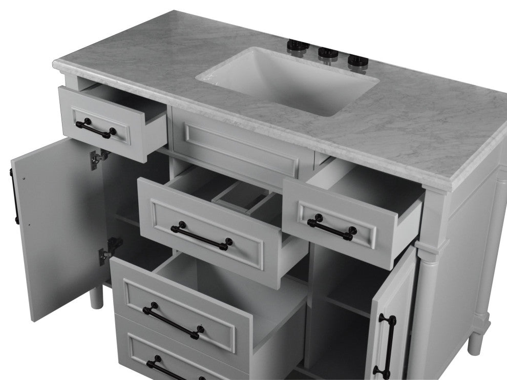 48" Single Vanity, Light Gray With White Carrara Marble Top