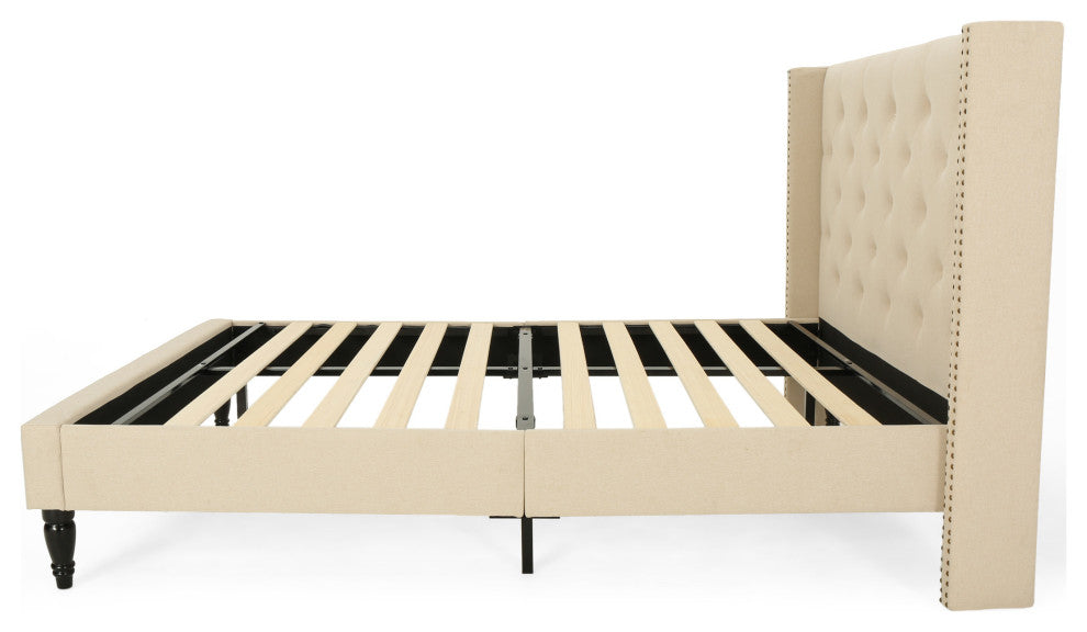 GDF Studio Ray Traditional Fully-Upholstered Queen-Size Bed Frame, Beige