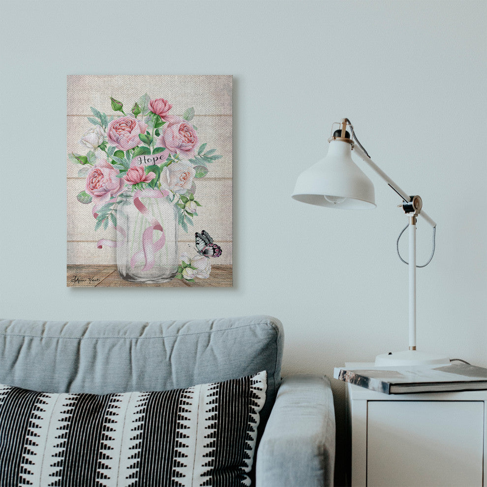 Hope Flower Jar Butterfly Pink Painting, 24"x30", Canvas Art