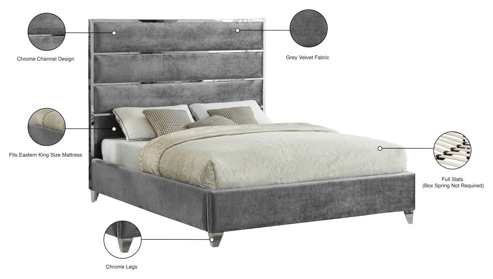 Zuma Velvet Upholstered Bed, Gray, King