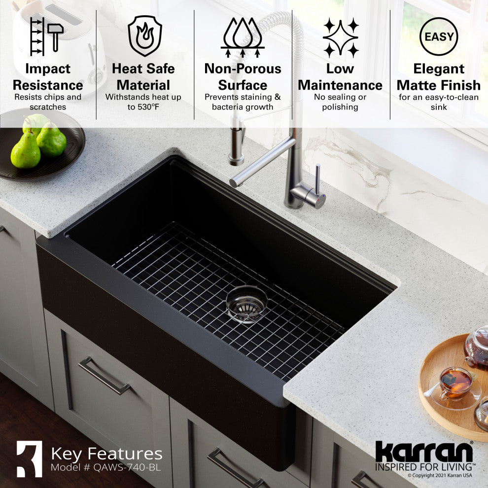 Karran 34" Quartz Farmhouse Single Bowl Workstation Kitchen Sink, Black