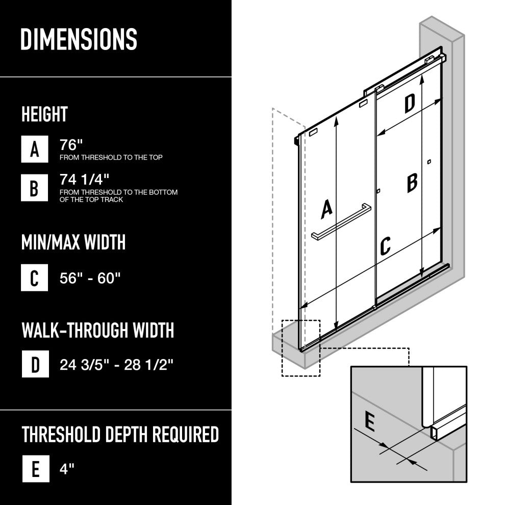 VIGO Houston Frameless Sliding, V-Motion, Chrome, Shower Door, 56" to 60" W X 76" H, Clear Glass