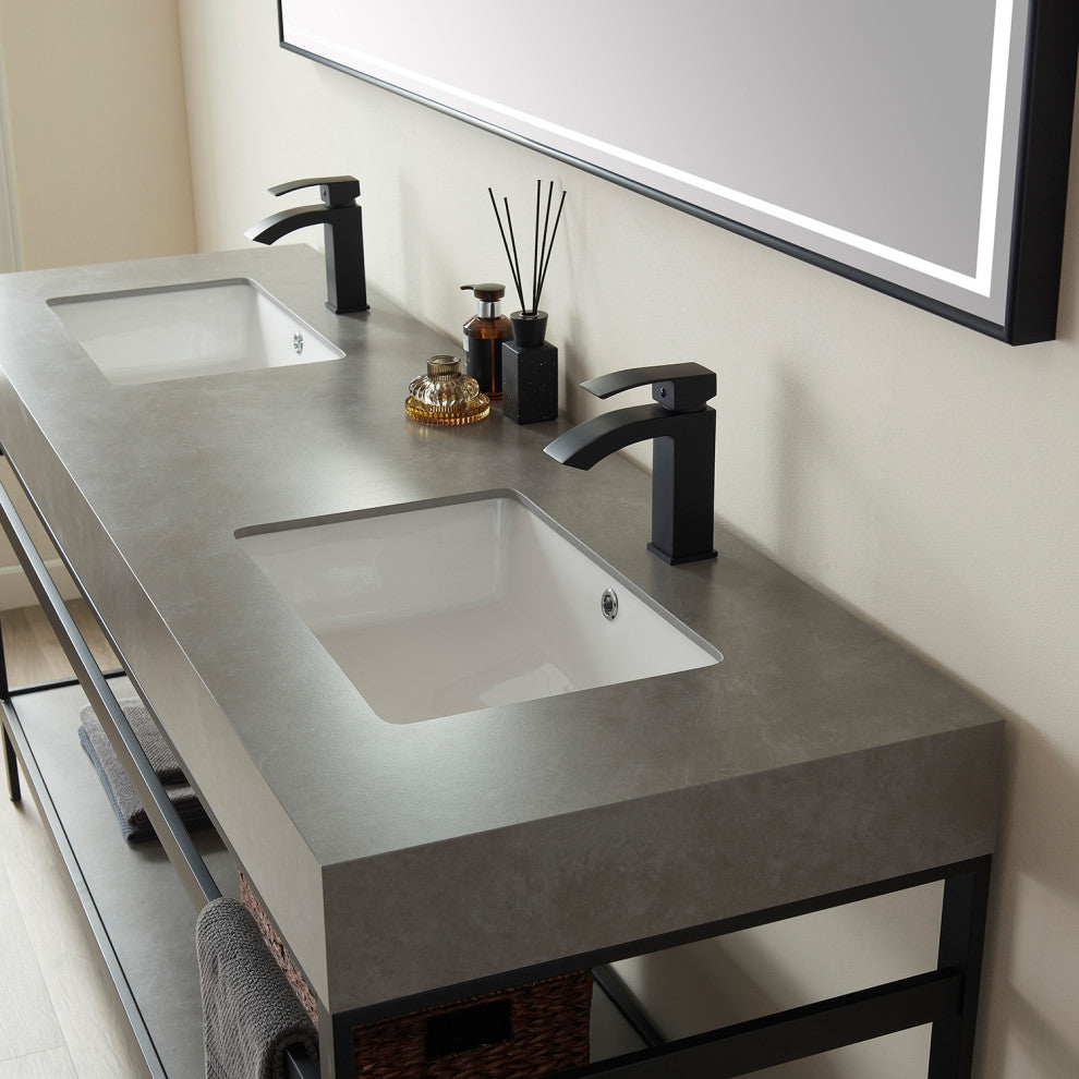 Funes Bath Vanity with Mirror, Matte Black Support, 72" Double Sink, Grey Stone Top