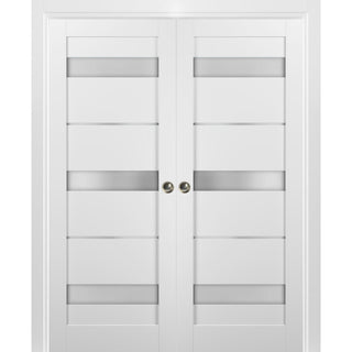 Double Pocket Doors 48x84|Frames|Quadro 4055 White Silk|Frosted Opaque Glass