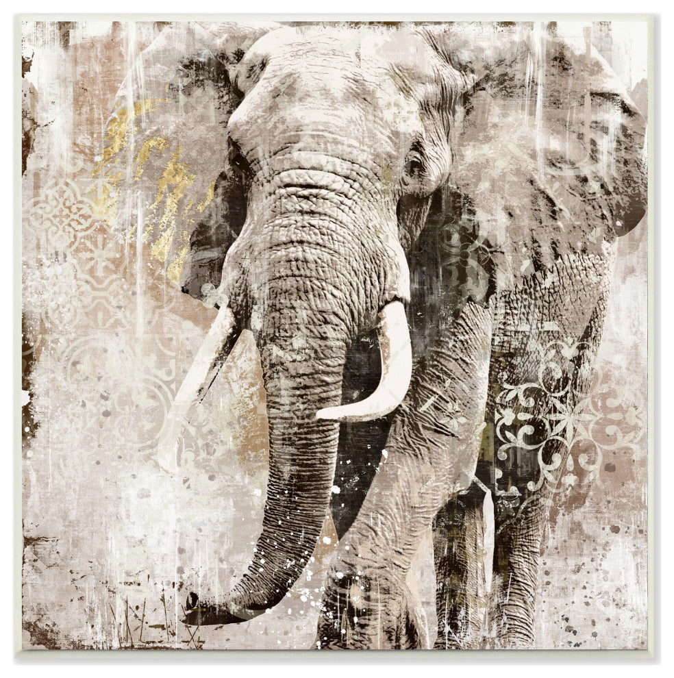 Elephant Gold Neutral Animal Textured Photograph, 12"x12", Wood Art