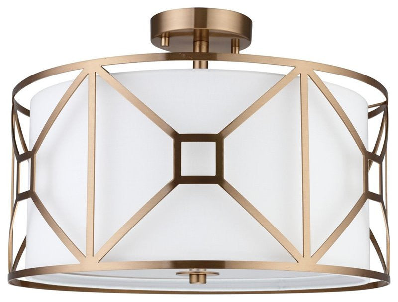 Woodbridge Lighting Regan 17" 3-Light Steel & Fabric Semi-Flush in Vintage Brass