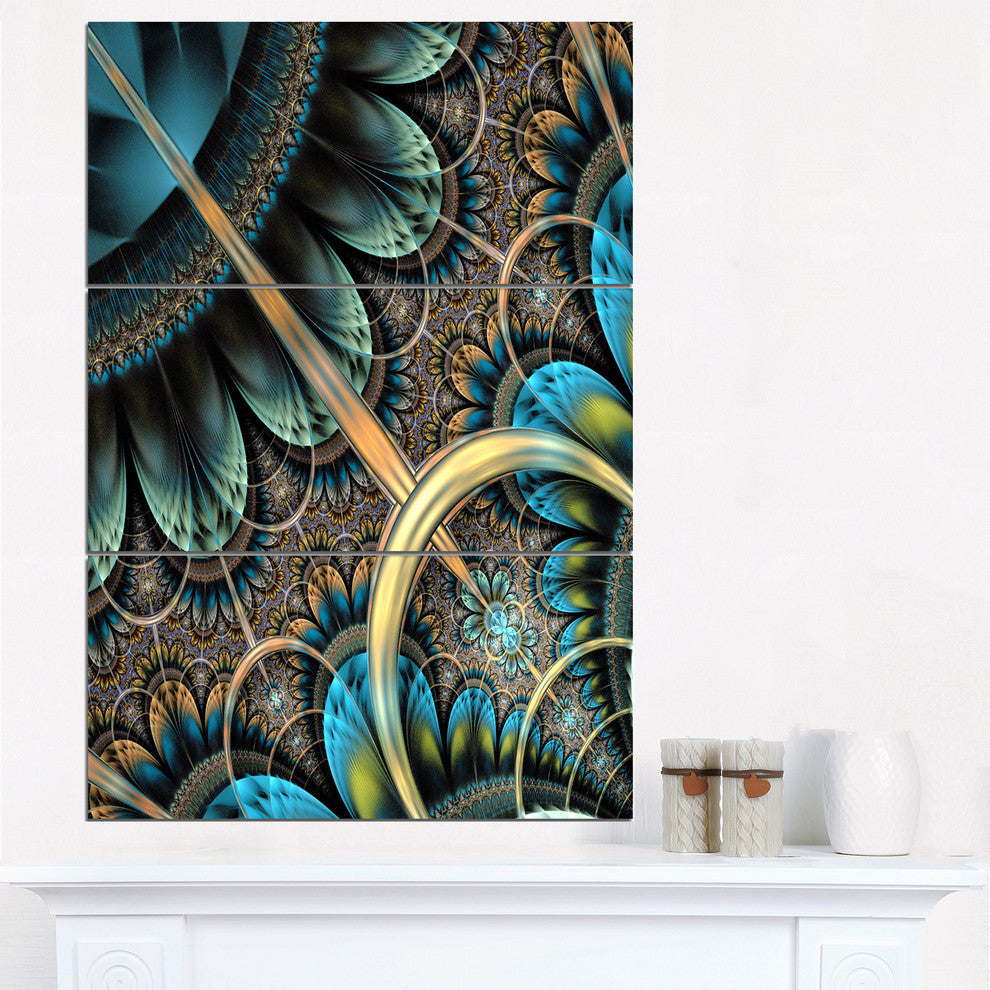 "Blue Brown Fractal Floral Pattern" Metal Wall Art, 3 Panels, 28"x36"