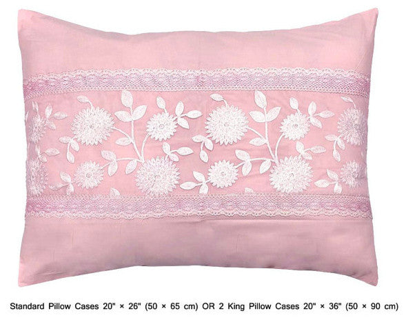 Queen Duvet Cover 3 Pc set in Soft Pink Cotton, Lace Embroidery, Pink, Lace