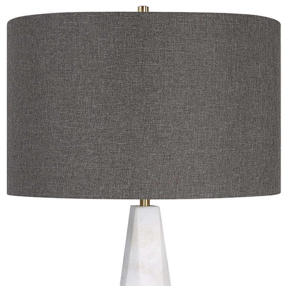 Luxe Tapered White Marble Pyramid Table Lamp 29 in Faceted Gray Veined Brass