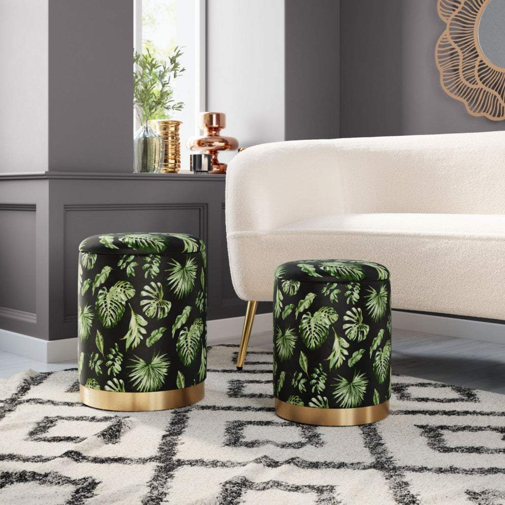 Storage Stool, Fabric, Wood, Green, Gold, Lounge Cafe Lobby Hospitality