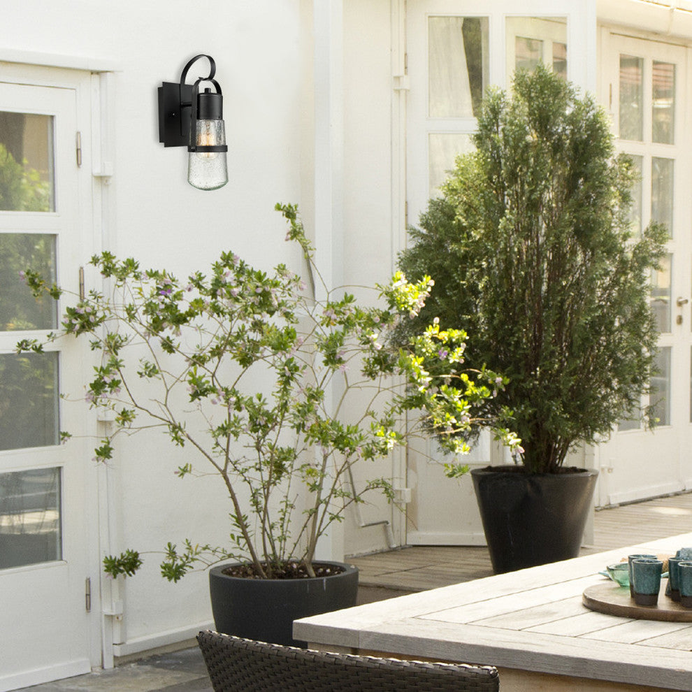 Helm 12" 1-Light Matte Black Outdoor Wall Sconce with Clear Seeded Glass Shade