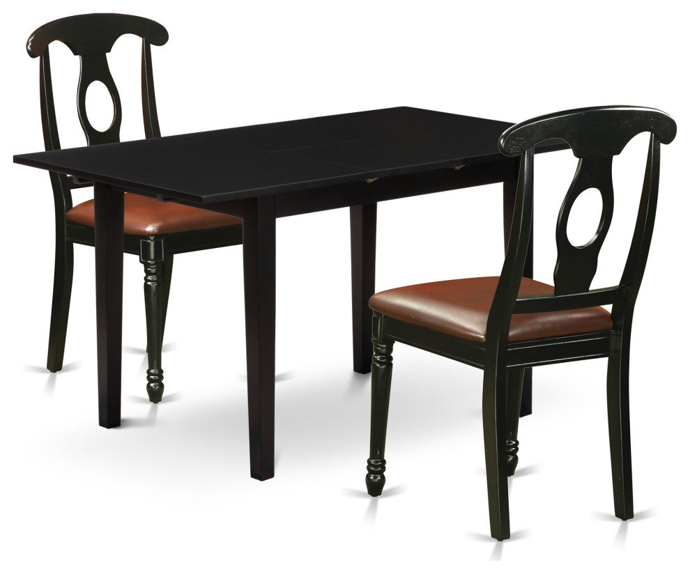 3-Pc Dining Set 2 Chair, Faux Leather Seat, Table, Butterfly Leaf Top, Black
