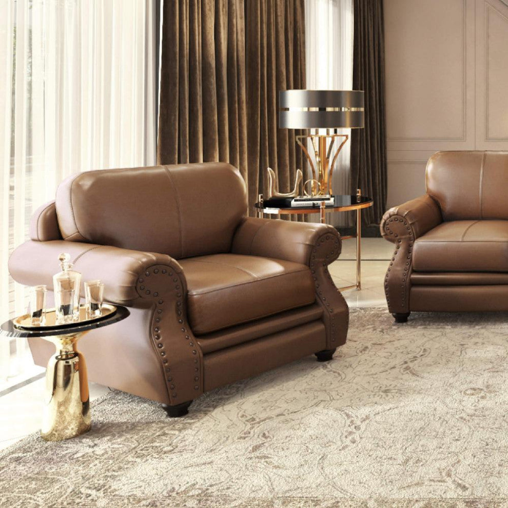 42" Wide Top Grain Leather Armchair, Chestnut Brown Rolled Arm Accent Chair