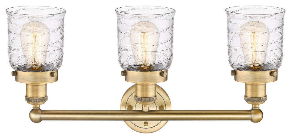 Edison Small Bell 3-Light 25" Bath Vanity Light, Brushed Brass, Clear Deco Swirl