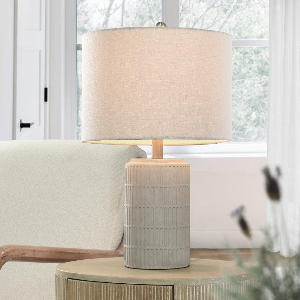 Joni Ceramic Table Lamp-Natural Cement Grey Finish-Heathered Off/White Drum