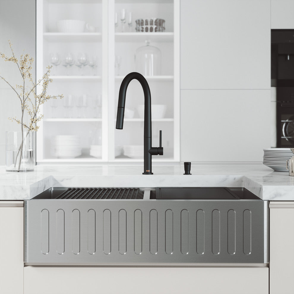 Oxford 36"L x 21"W Farmhouse Kitchen Sink and Greenwich 18"H in Black Faucet Set