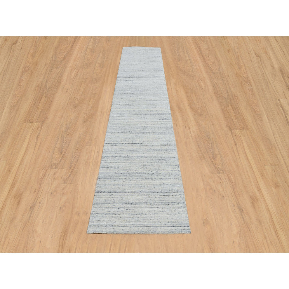 Ivory Plain Modern Striped Design Organic Wool Hand Loomed Runner Rug, 2'6"x12'