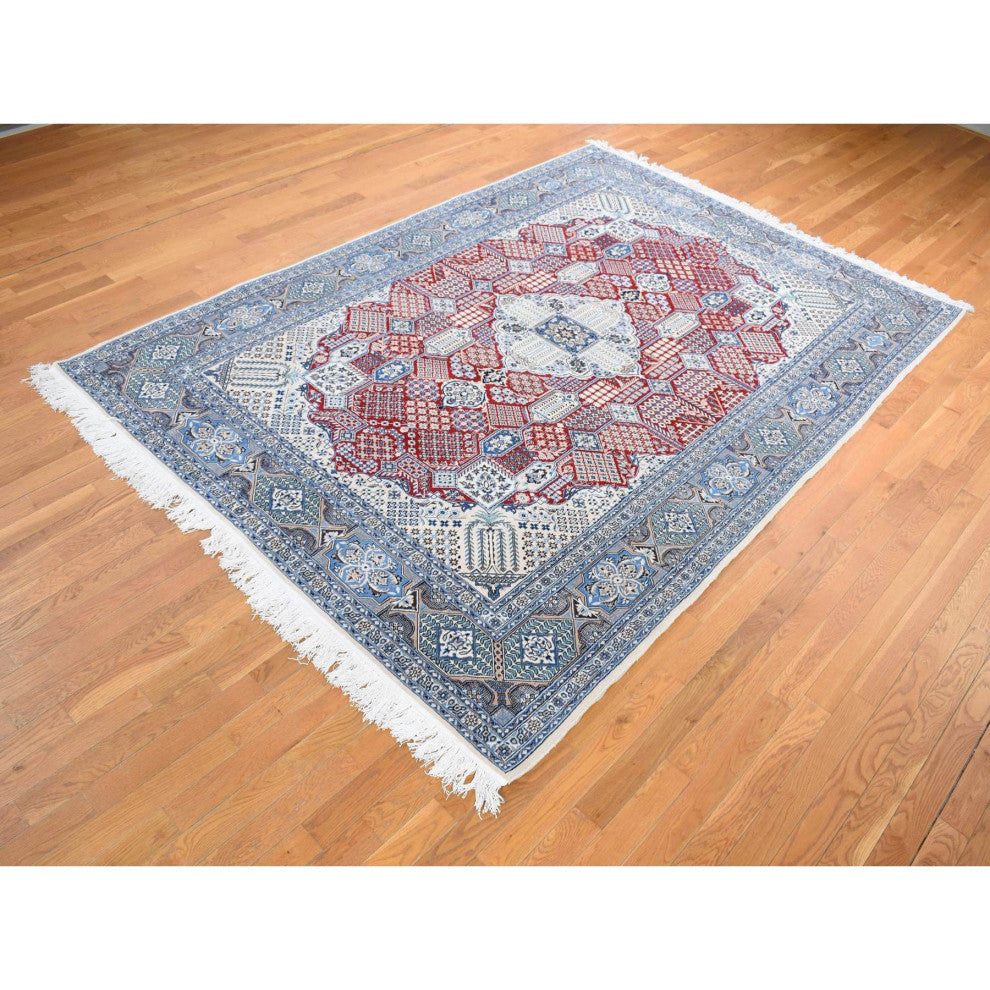 Red New Persian Nain Flower Rosettes Wool and Silk Hand Knotted Rug 7'3"x10'9"