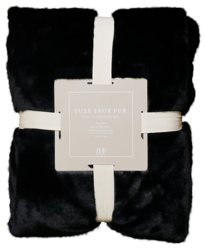 Luxe Faux Fur Throw Blanket, Black, 58"x60"