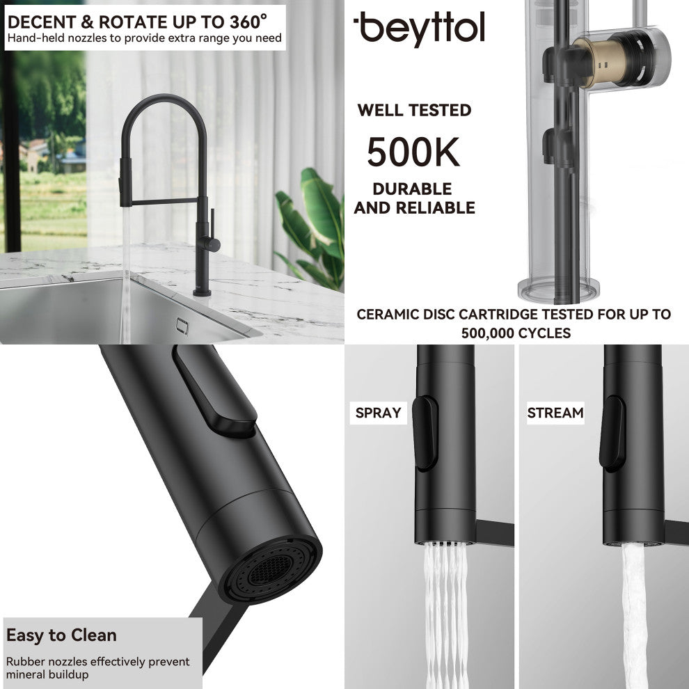Single Handle Deck Mounted High Arc Pull Down Brass Kitchen Faucet, Matte Black