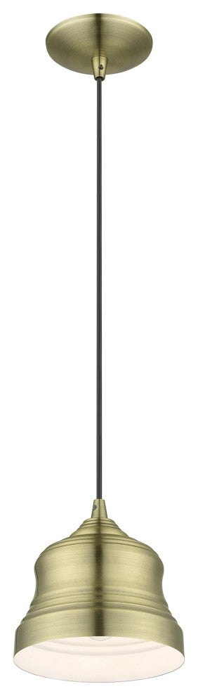 Endicott 1-Light Antique Brass Mini Bell Pendant, Shiny White Inside