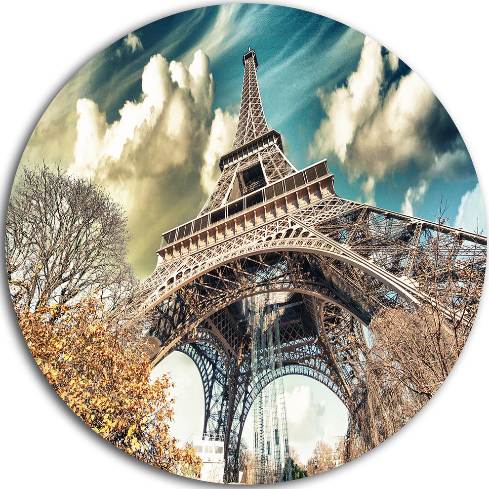 Street View Of Eiffel Tower, Cityscape Large Disc Metal Wall Art, 23"