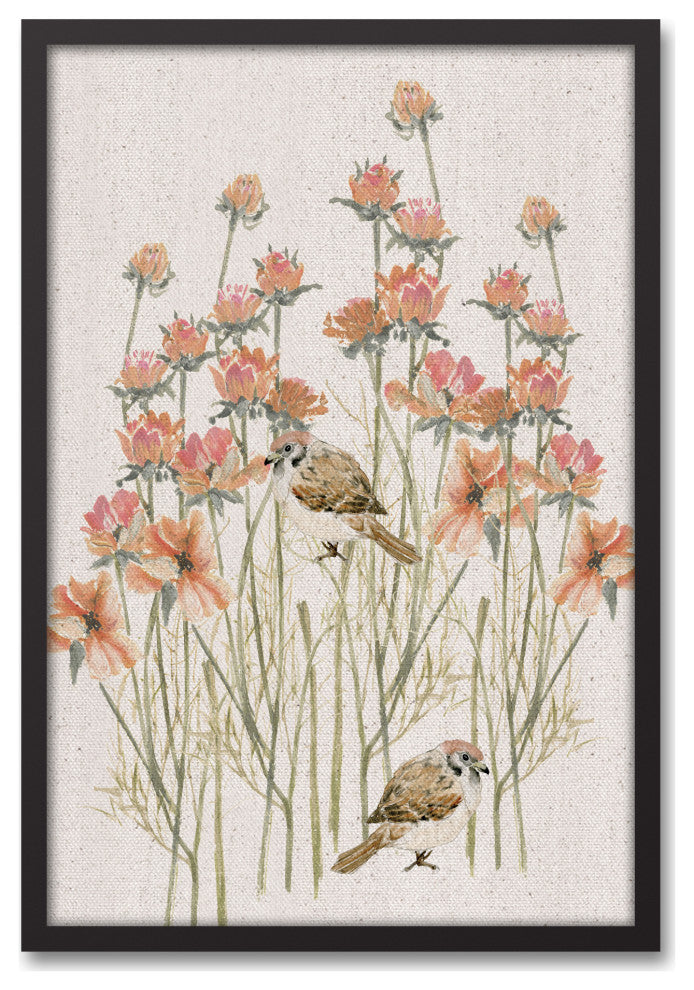 Birds, Flowers Peach Framed Canvas 20x30 Black Framed Canvas