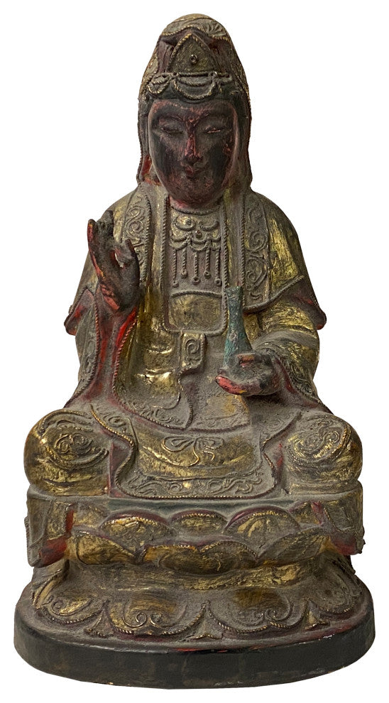Vintage Chinese Wooden Carved Home Guardian Kwan Yin Figure Hws1175