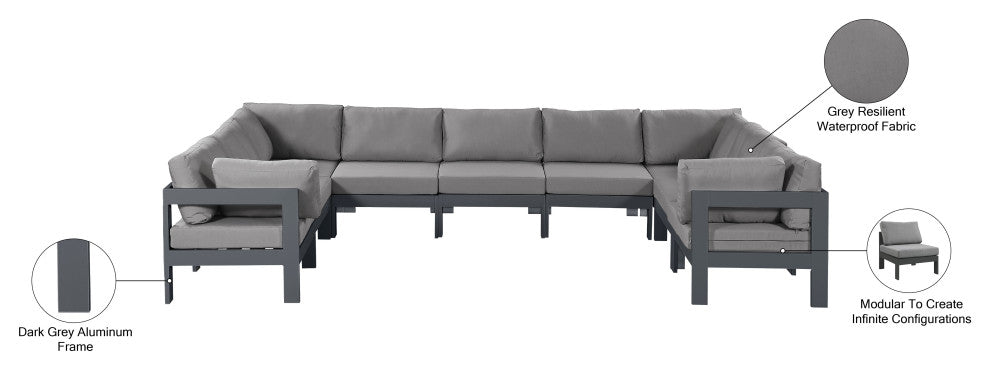 Nizuc Water Resistant Patio U-Shaped Modular Sectional, Gray, 9-Piece: 5 Armless Chair, 4 Corner Chair, Dark Gray Aluminum Frame