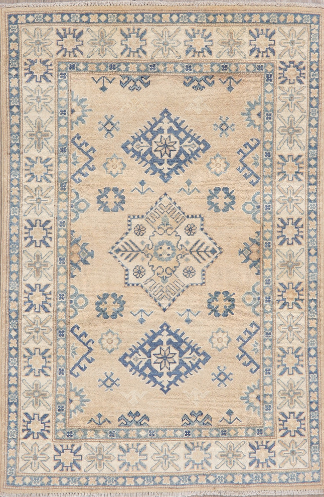 Hand-Knotted Kazak Oriental Traditional Pakistani Area Rug, Beige, 4'11"x3'3