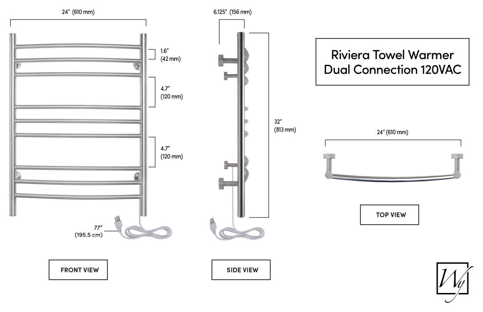 Riviera Towel Warmer, Brushed, Dual Connection, 9 Bars