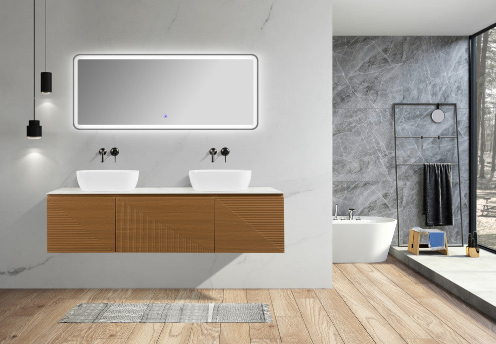 Simon Series Wall Mount Vanity With a Porcelain Vessel Sink, 72" Double