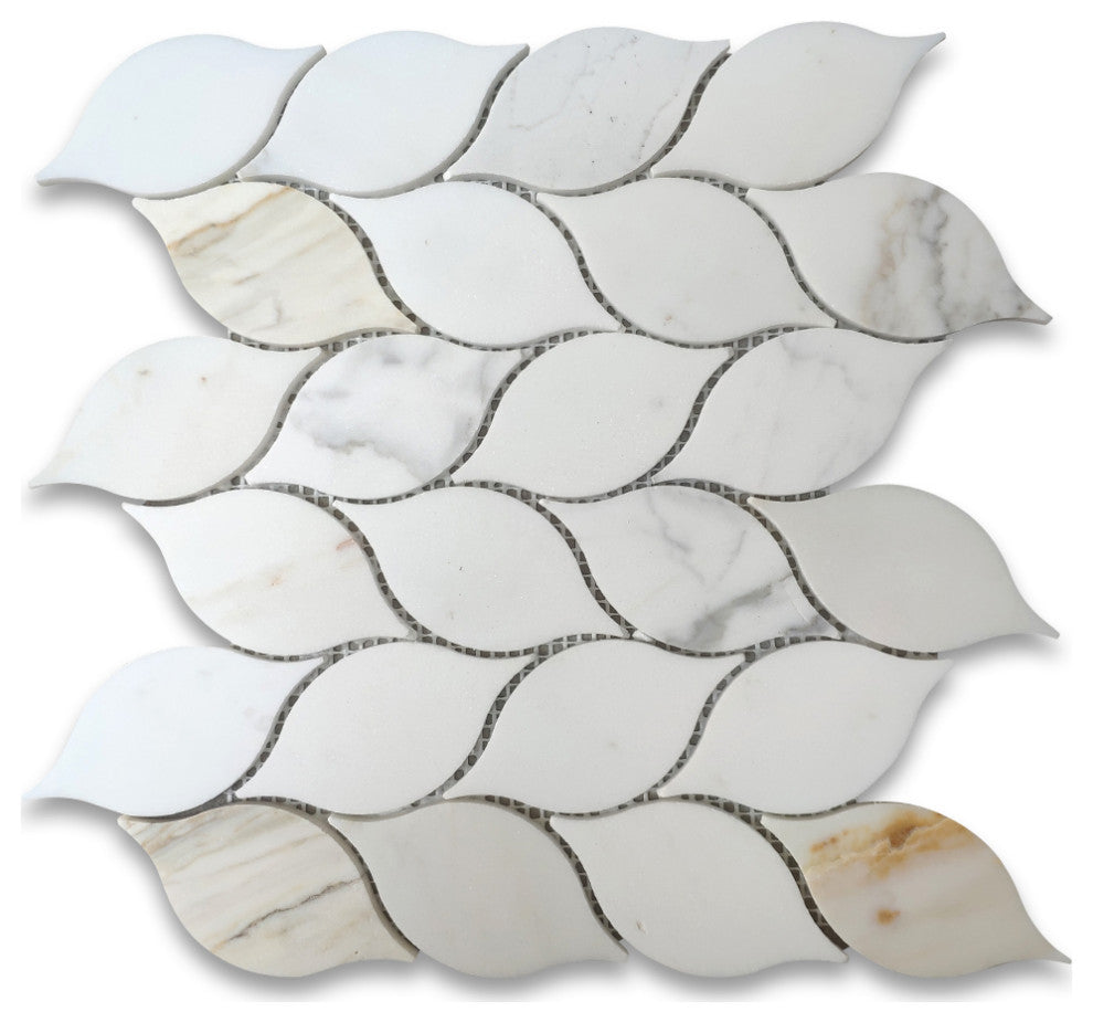 Calacatta Gold Marble Leaf Shape Medi Mosaic Tile Honed, 1 sheet