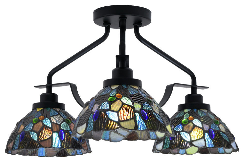 Odyssey 3 Light Semi Flush Mount, Matte Black Finish, 7" Blue Mosaic Art Glass