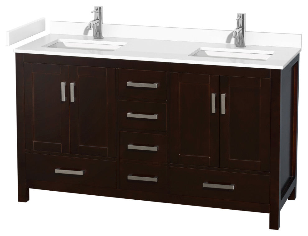 60" Double Bathroom Vanity, Espresso, White Cultured Marble Countertop, Sinks