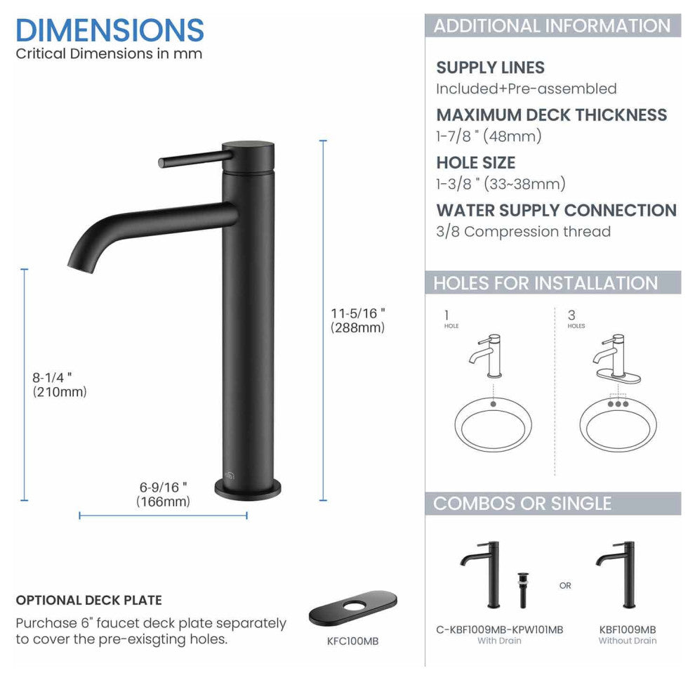 Circular Brass Single Handle Bathroom Faucet KBF1009, Matte Black, Without Drain