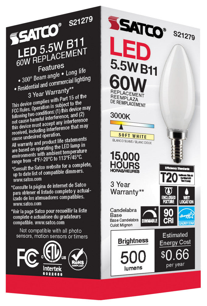 5.5W B11 LED, Frost, Candelabra Base, 90 CRI, 3000K, 120V